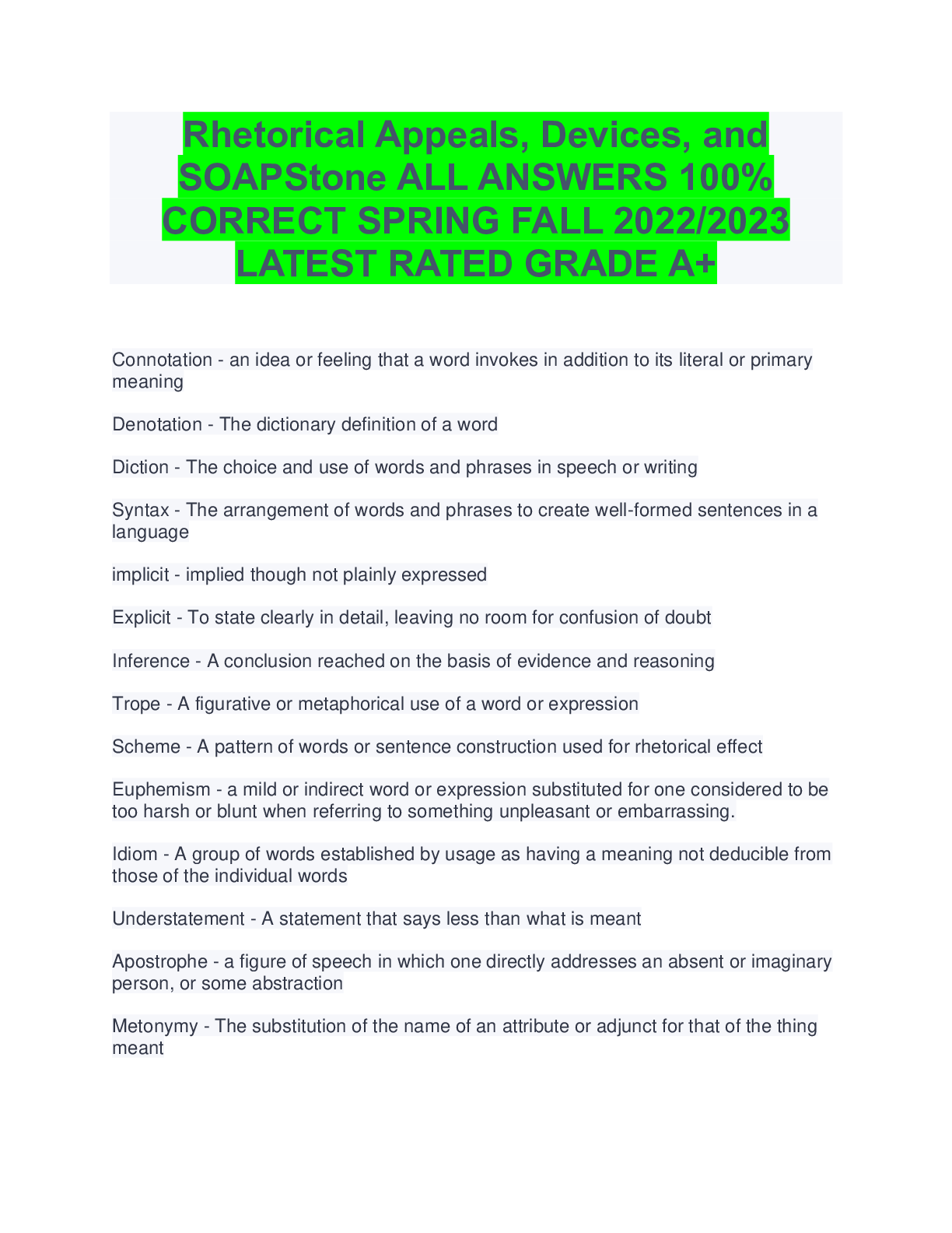 Preview image for Rhetorical Appeals, Devices, and SOAPStone ALL ANSWERS 100% CORRECT SPRING FALL 2022/2023 LATEST RATED GRADE A+